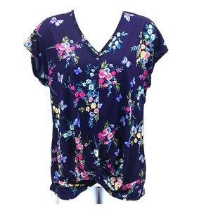 Rue Juju Women's Blue Floral Cap Sleeve V neck Twist Hem Top Size S